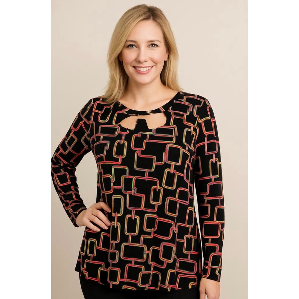 Cato Women's Long Sleeve Top Sz XL Black Pink White Geometric Round Neck Cutouts